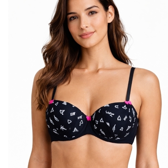 Betsey Johnson Other - Betsey Johnson Kisses Love Push-Up Demi Bra 34C Black White Pink